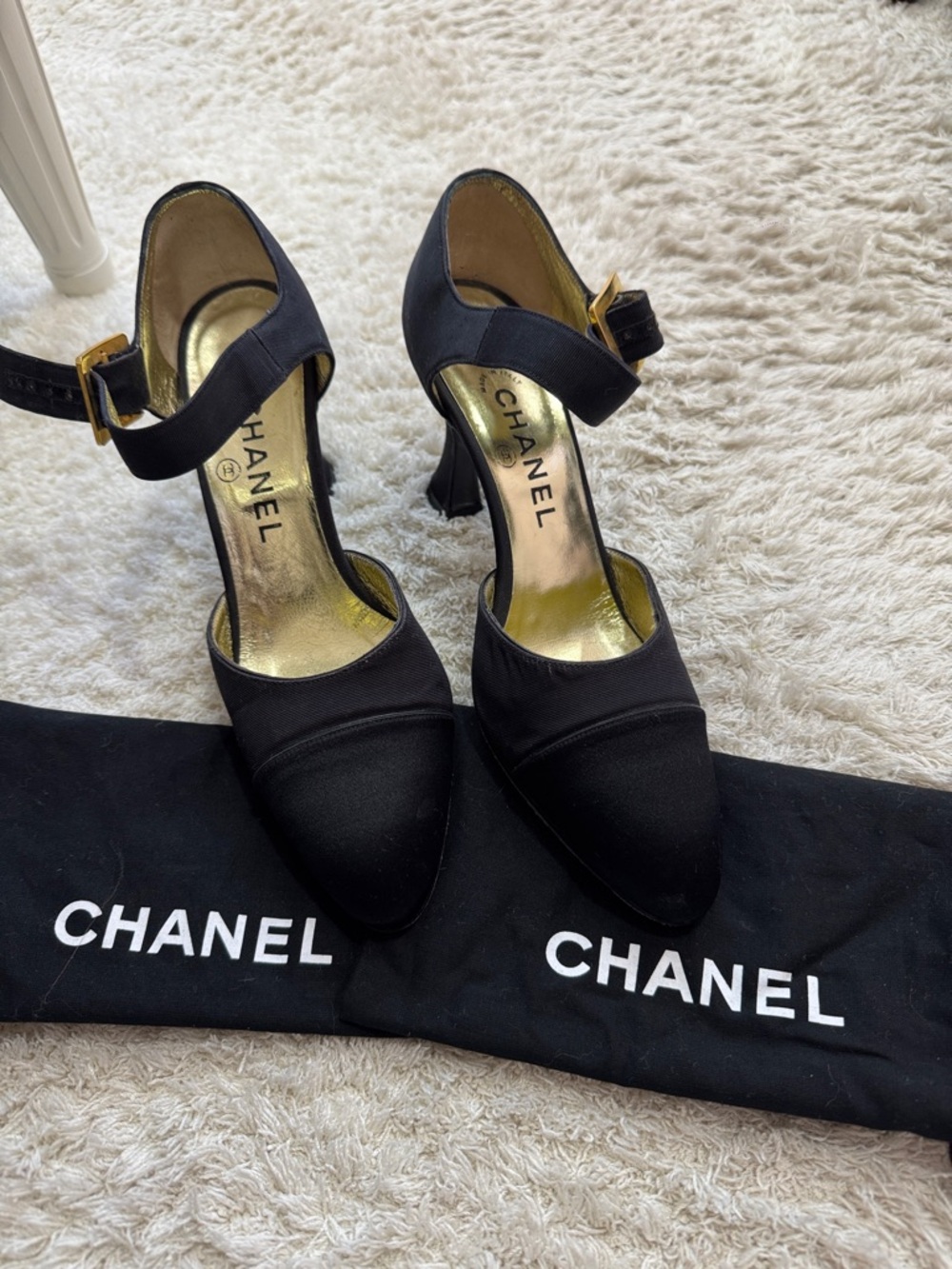CHANEL Black Pointed Mary Jane Heels with Gold Buckle EU 38
